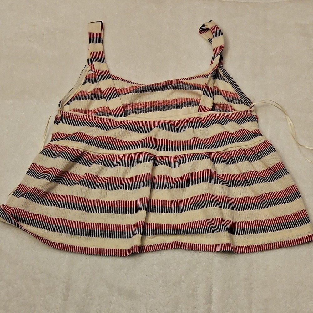 Beige Red Navy Striped Cotton Knit Square Neck Sleeveless Tank Top Size‎ S